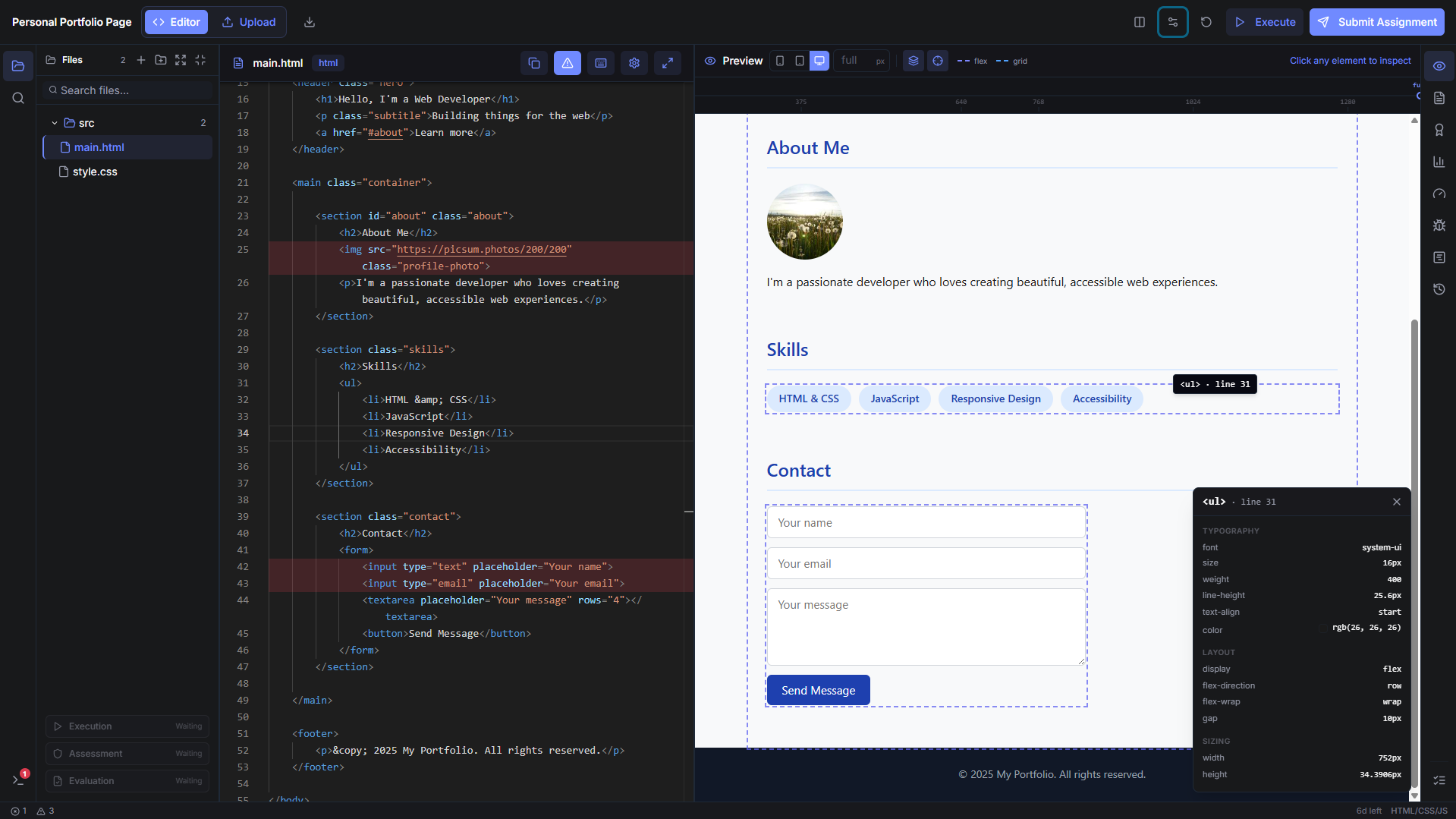 The CodeSpell web workspace with live preview and element inspector